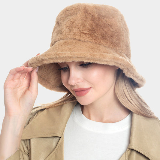 HATEGORY Faux Fur Solid Bucket Hat
