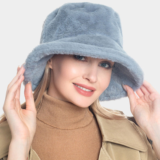HATEGORY Faux Fur Solid Bucket Hat