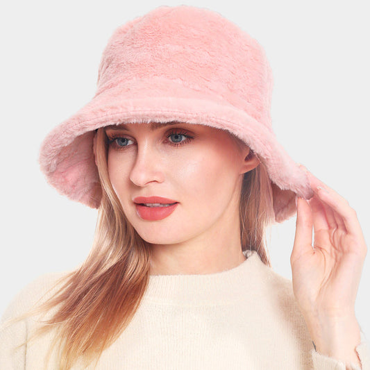 HATEGORY Faux Fur Solid Bucket Hat