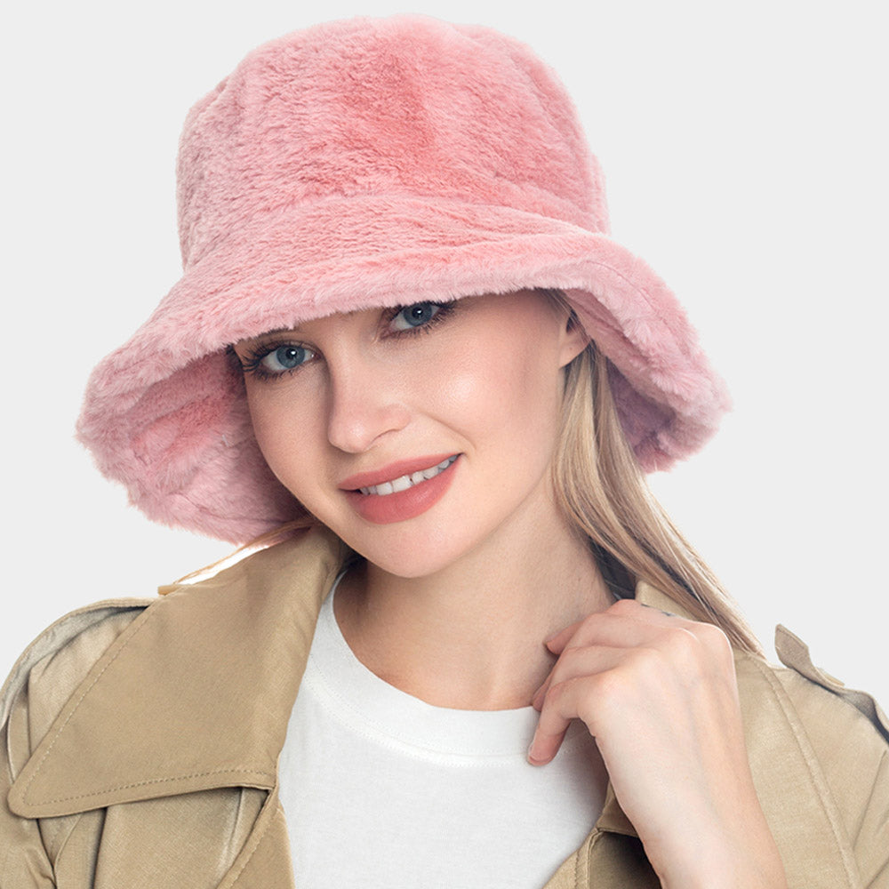 HATEGORY Soft Faux Fur Solid Bucket Hat