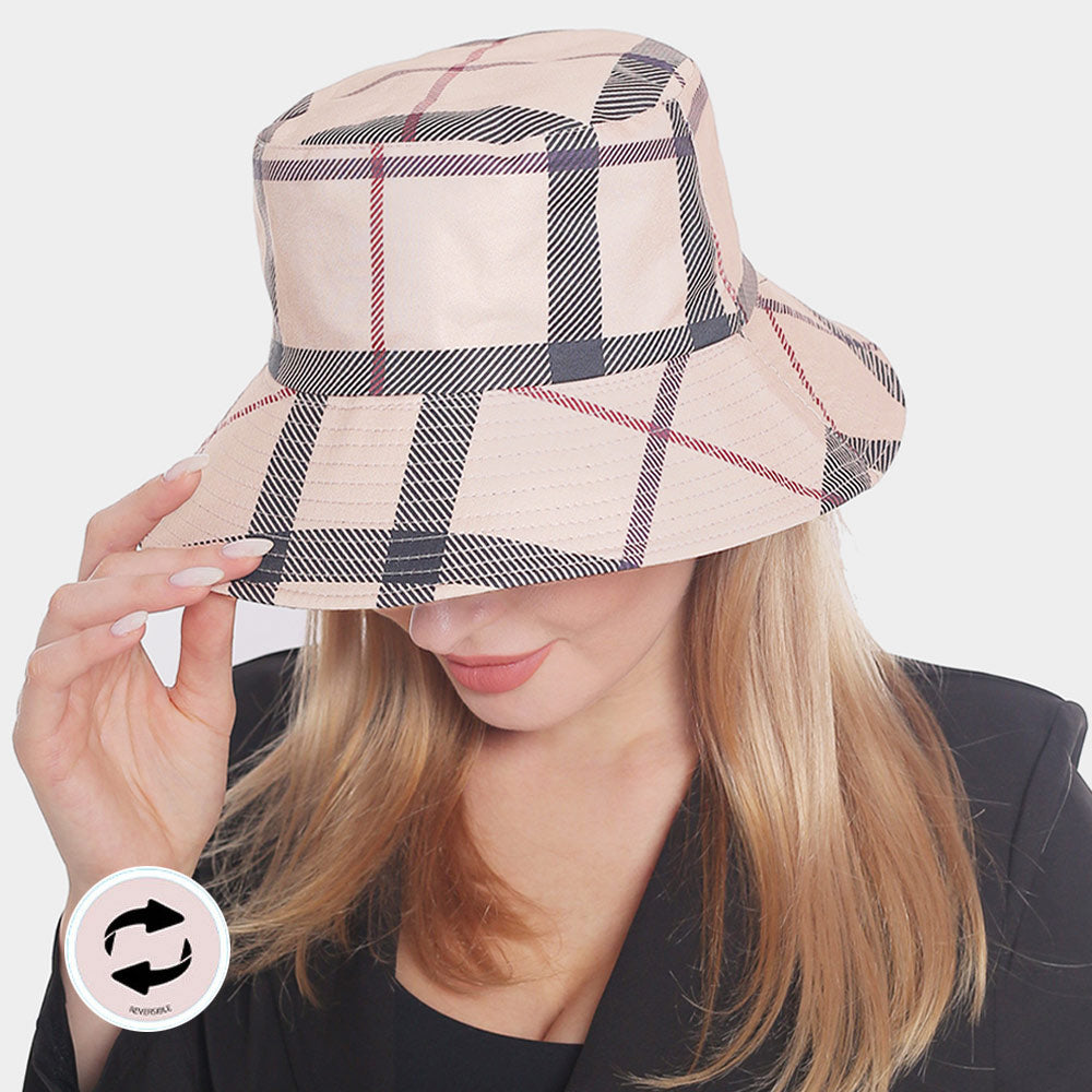 HATEGORY Plaid Check Patterned Reversible Bucket Hat