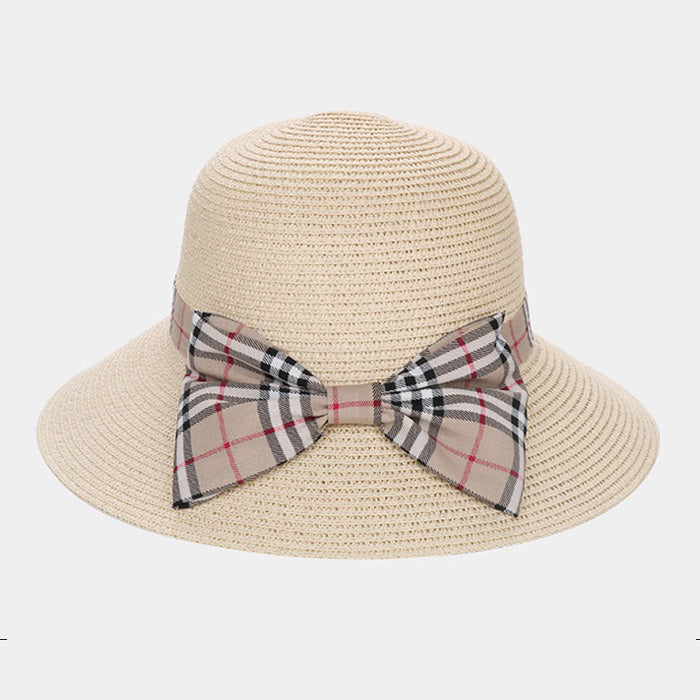HATEGORY Plaid Check Bow Accented Straw Sun Hat
