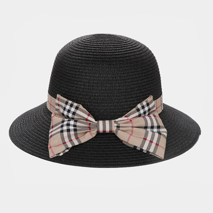 HATEGORY Plaid Check Bow Accented Straw Sun Hat