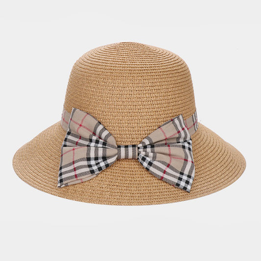 HATEGORY Plaid Check Bow Accented Straw Sun Hat