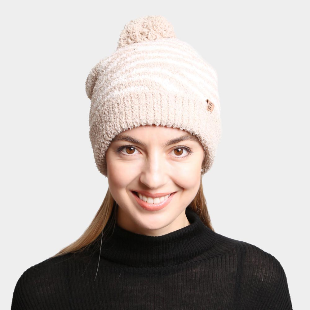 HATEGORY Zebra Lined Pom-Pom Beanie