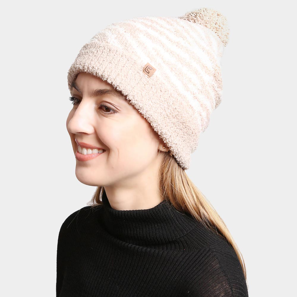 HATEGORY Zebra Lined Pom-Pom Beanie