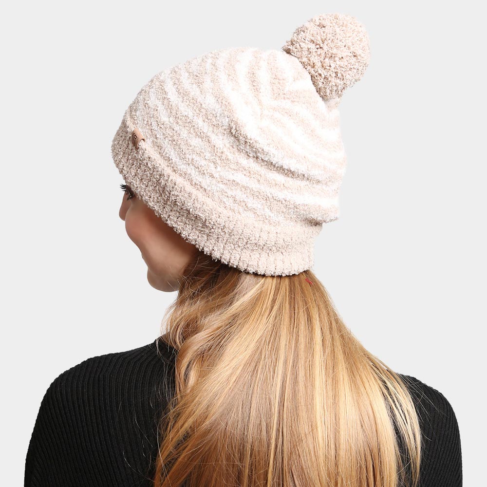 HATEGORY Zebra Lined Pom-Pom Beanie
