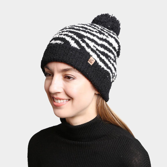 HATEGORY Zebra Lined Pom-Pom Beanie