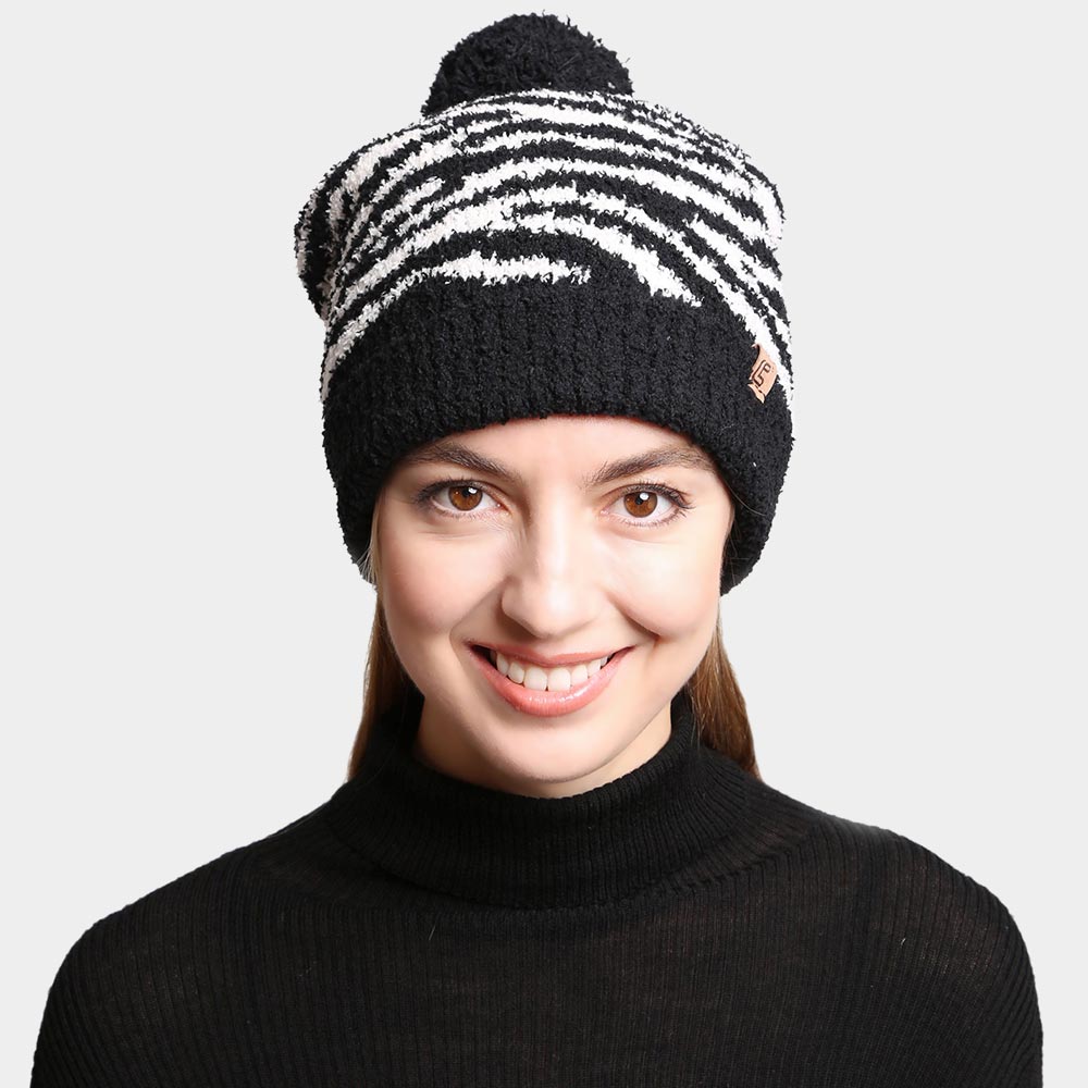 HATEGORY Zebra Lined Pom-Pom Beanie