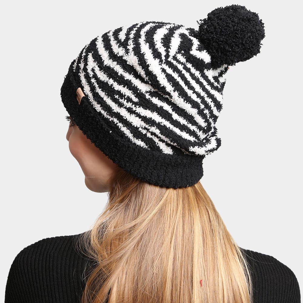 HATEGORY Zebra Lined Pom-Pom Beanie
