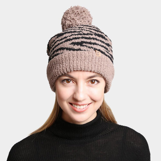 HATEGORY Zebra Lined Pom-Pom Beanie