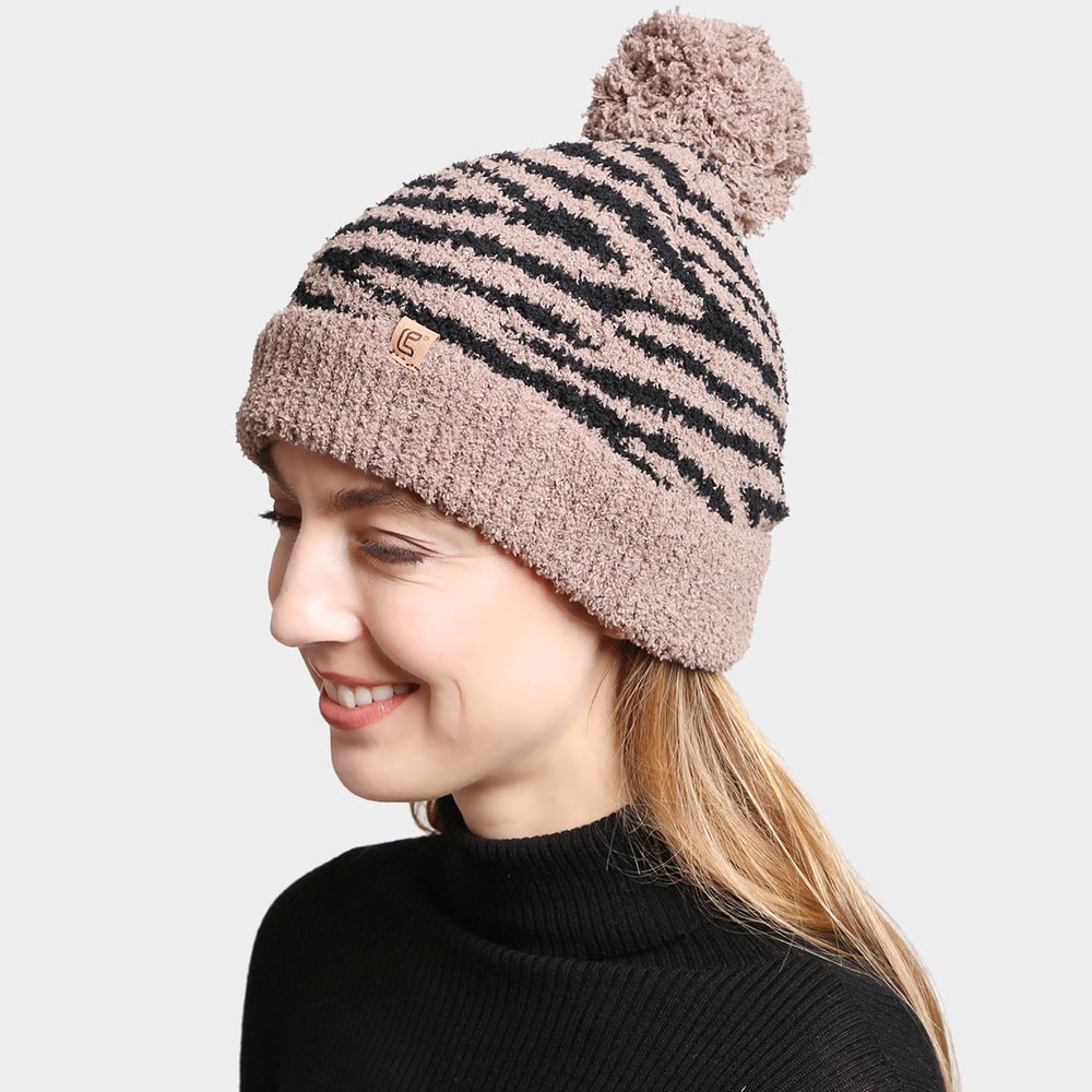 HATEGORY Zebra Lined Pom-Pom Beanie