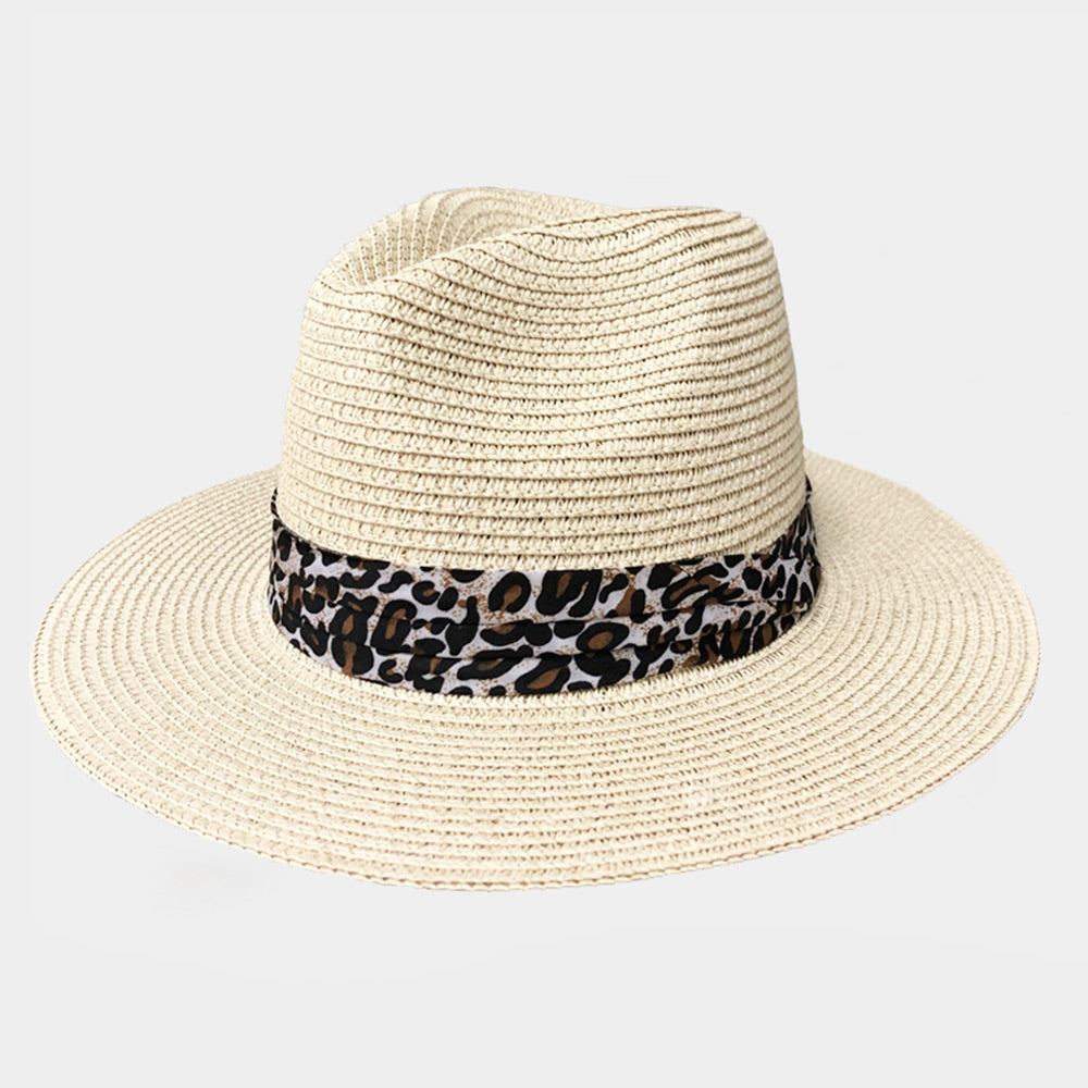 HATEGORY Leopard Band Straw Fedora Hat