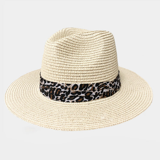 HATEGORY Leopard Band Straw Fedora Hat
