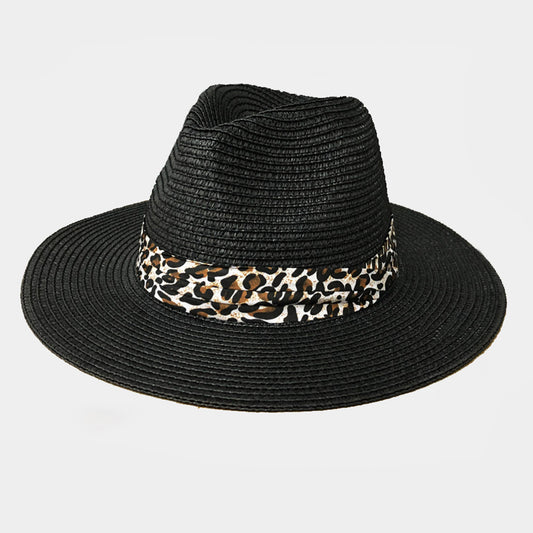 HATEGORY Leopard Band Straw Fedora Hat