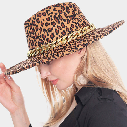 HATEGORY Metal Chain Pointed Leopard Patterned Panama Hat