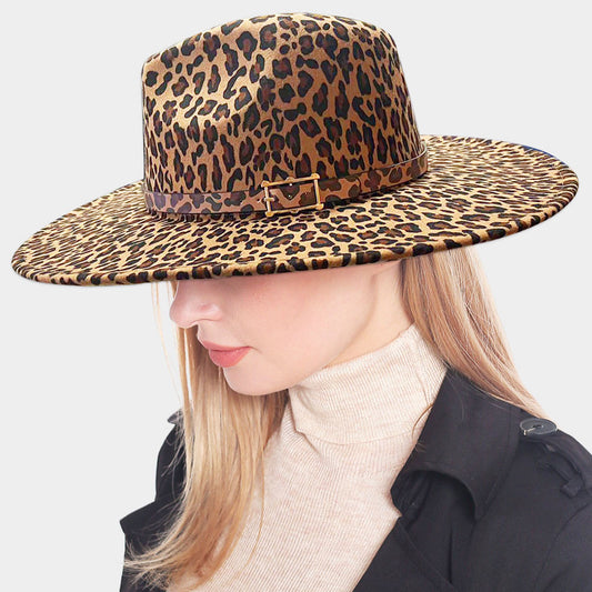 HATEGORY Belt Buckle Pointed Leopard Patterned Panama Hat