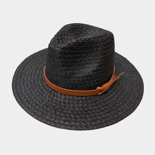 HATEGORY Faux Leather Band Straw Panama Sun Hat