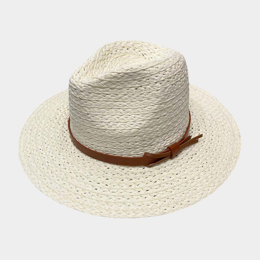 HATEGORY Faux Leather Band Straw Panama Sun Hat