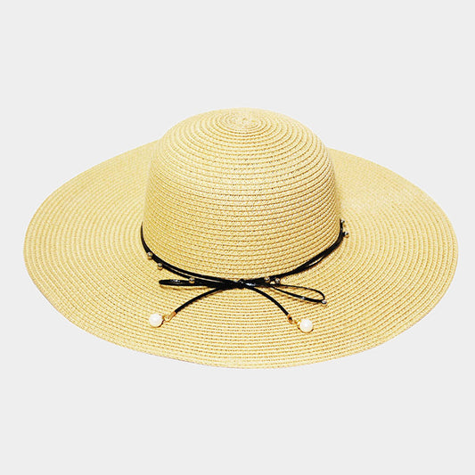HATEGORY Bow Ribbon Trim Wide Brim Straw Sun Hat