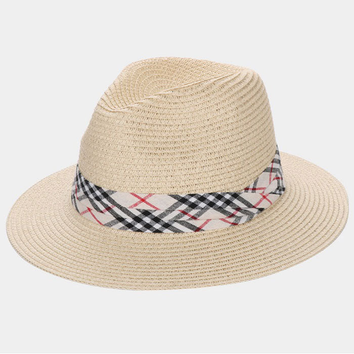 HATEGORY Plaid Check Band Straw Fedora Hat
