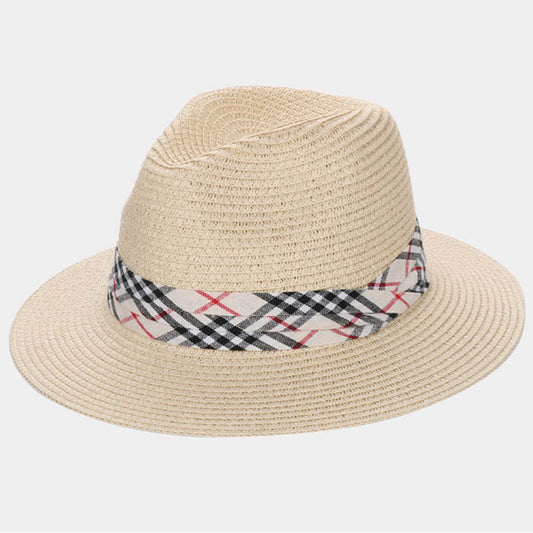 HATEGORY Plaid Check Band Straw Fedora Hat