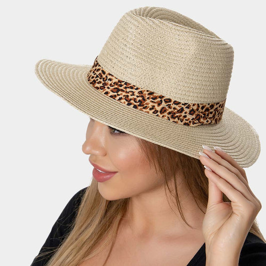 HATEGORY Leopard Patterned Band Straw Panama Sun Hat