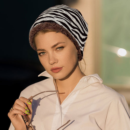 HATEGORY Fleece Lined Zebra Print Snood Beanie Hat