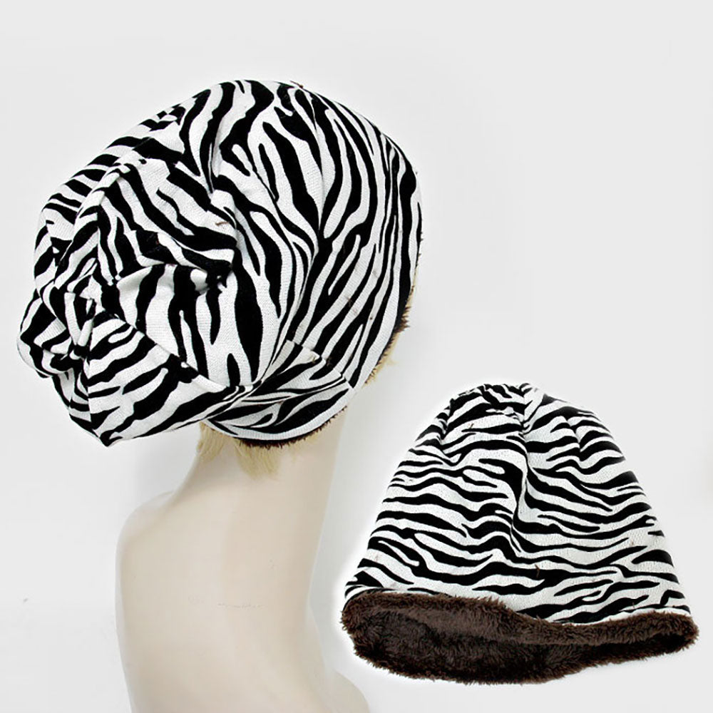 HATEGORY Fleece Lined Zebra Print Snood Beanie Hat