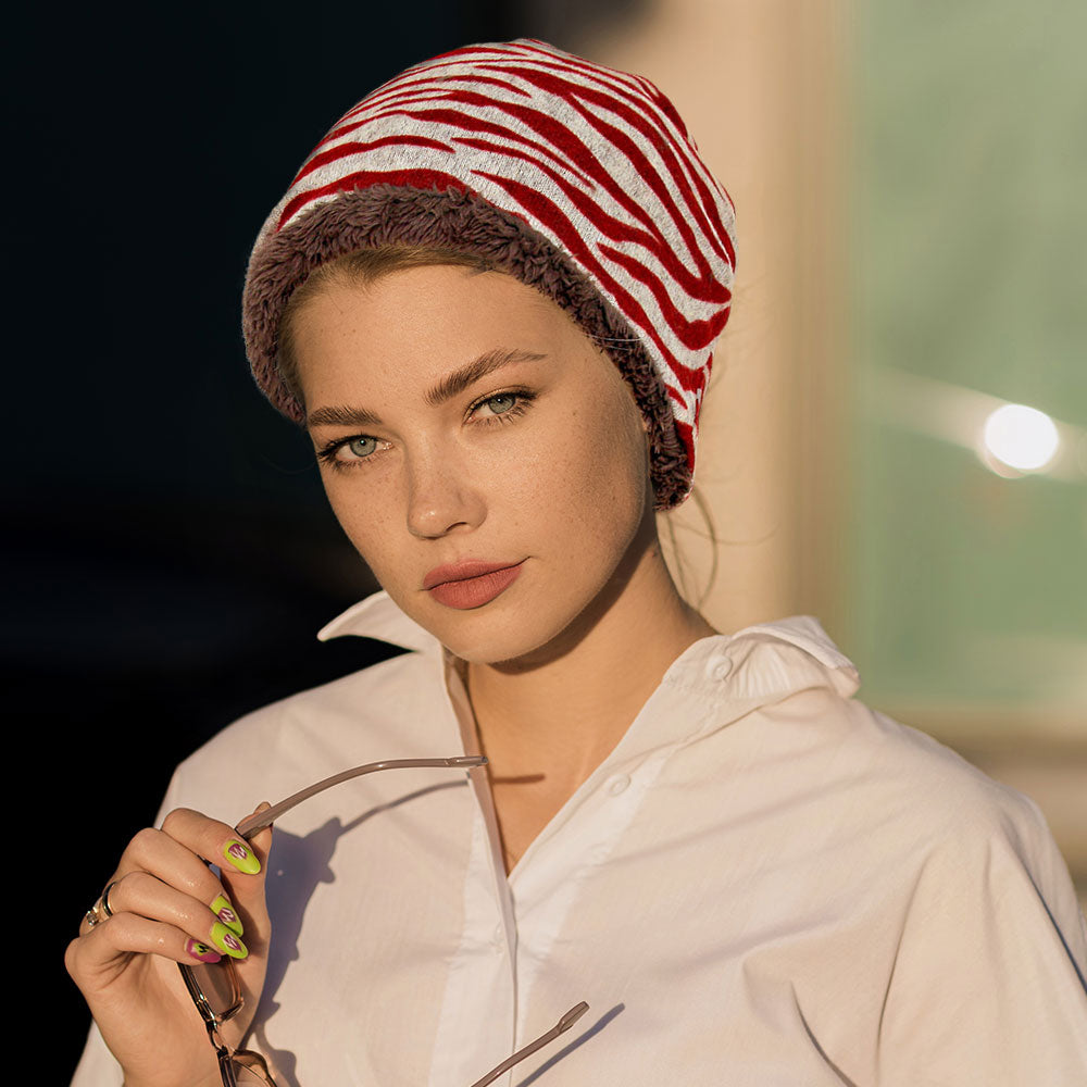 HATEGORY Fleece Lined Zebra Print Snood Beanie Hat