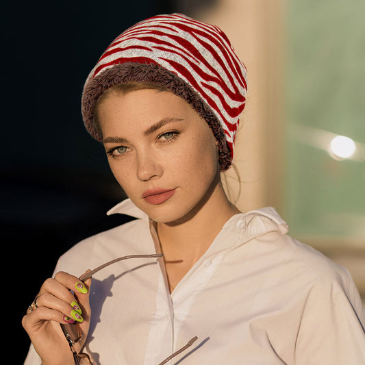 HATEGORY Fleece Lined Zebra Print Snood Beanie Hat