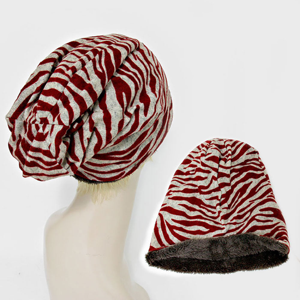 HATEGORY Fleece Lined Zebra Print Snood Beanie Hat