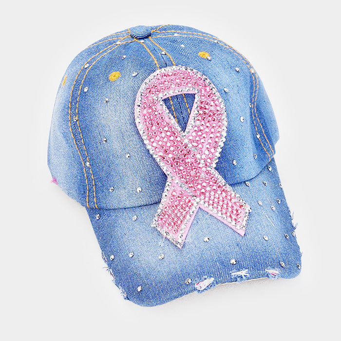 HATEGORY Bling Pink Ribbon Denim Baseball Cap