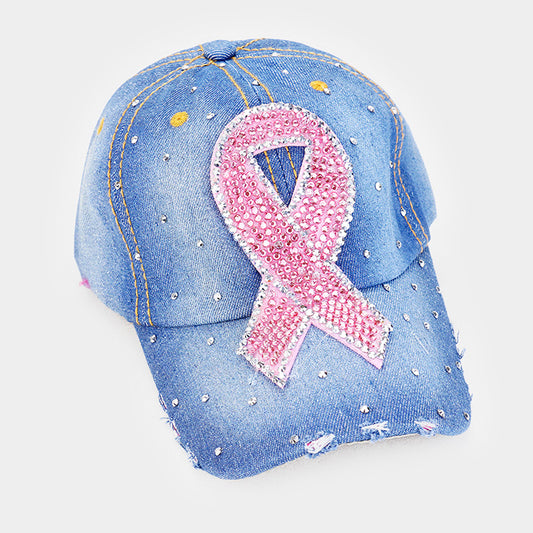 HATEGORY Bling Pink Ribbon Denim Baseball Cap