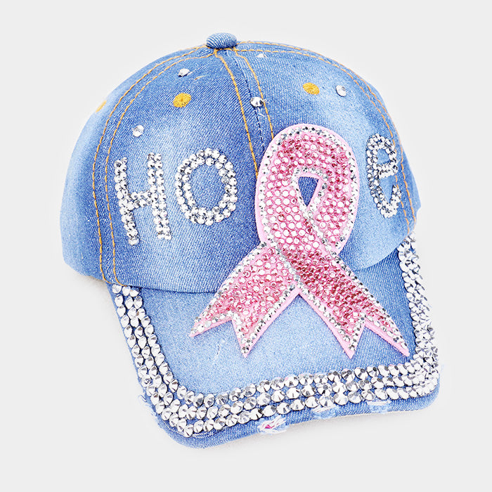 HATEGORY Bling "Hope" Pink Ribbon Denim Baseball Cap