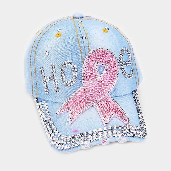 HATEGORY Bling "Hope" Pink Ribbon Denim Baseball Cap