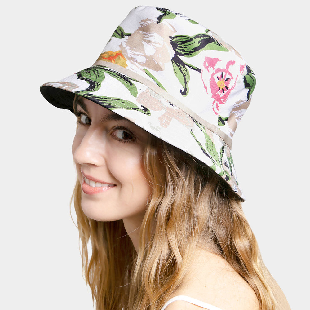 HATEGORY Reversible Floral Leaf Patterned Bucket Hat