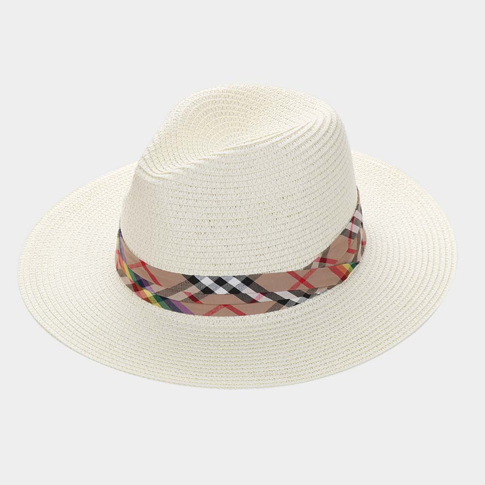 HATEGORY Check Scarf Woven Straw Summer Sun Fedora Hat