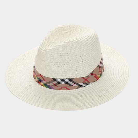 HATEGORY Check Scarf Woven Straw Summer Sun Fedora Hat