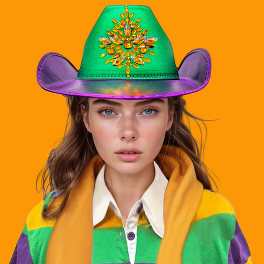 HATEGORY Marquise Stone Embellished Mardi Gras Fedora Hat