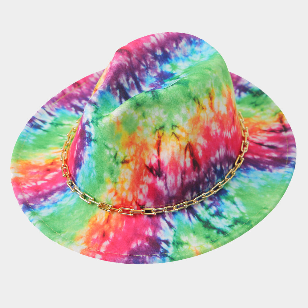 HATEGORY Hardware Chain Band Multi Tie-dye Printed Fedora Hat