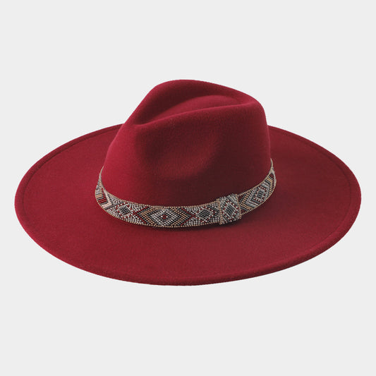 HATEGORY Aztec Pattern Beaded Band Accented Solid Panama Hat