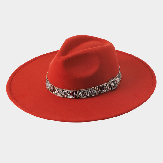 HATEGORY Aztec Pattern Beaded Band Accented Solid Panama Hat