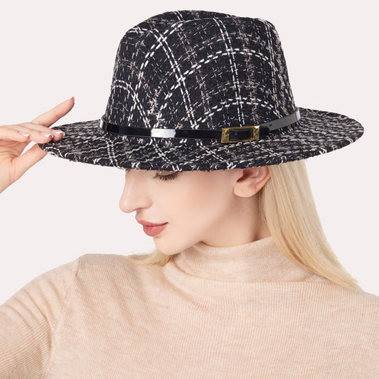 HATEGORY Belt Band Accented Check Patterned Fedora Hat