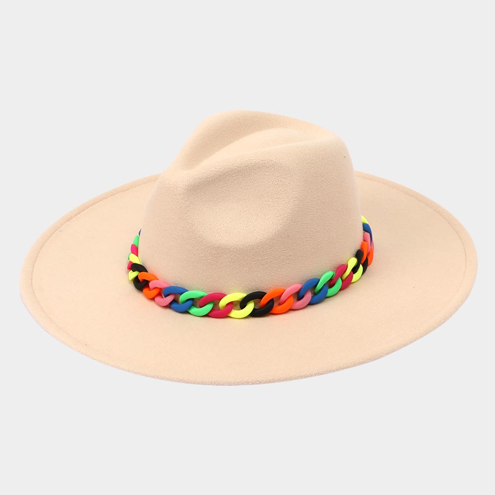 HATEGORY Colorful Chain Accented Solid Panama Hat