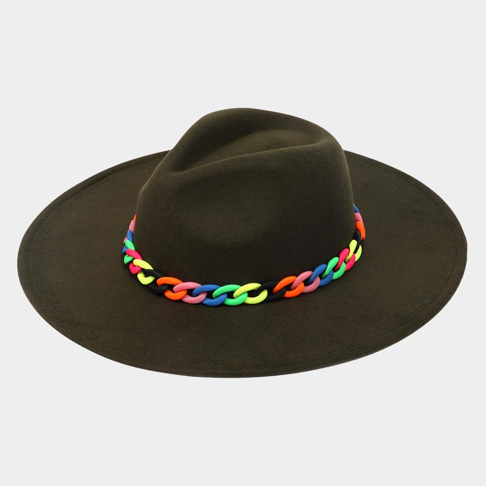 HATEGORY Colorful Chain Accented Solid Panama Hat
