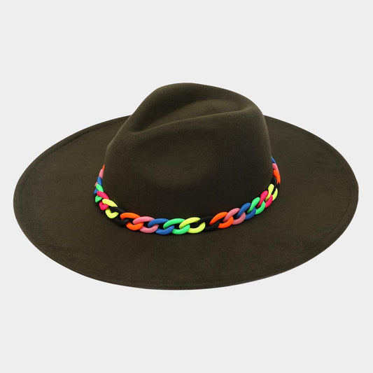 HATEGORY Colorful Chain Accented Solid Panama Hat