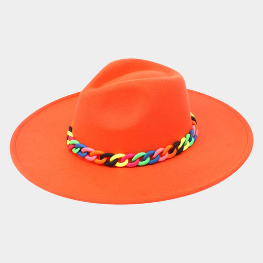 HATEGORY Colorful Chain Accented Solid Panama Hat