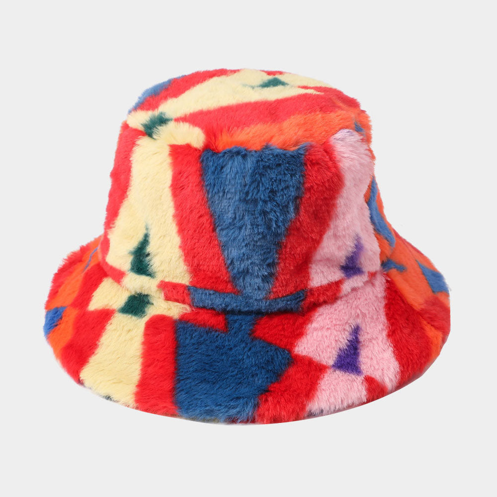 HATEGORY Abstract Patterned Faux Fur Bucket Hat