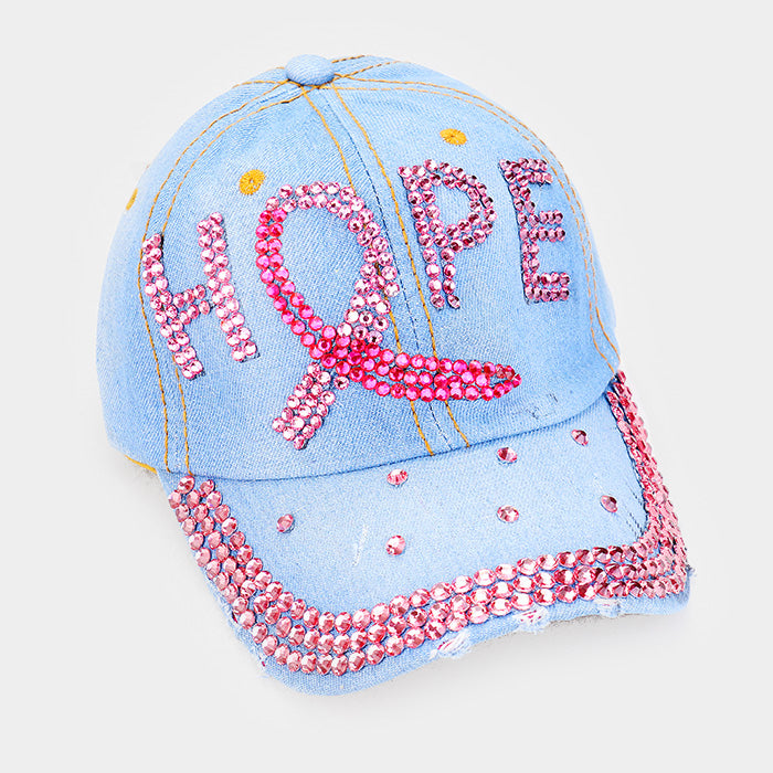 HATEGORY Bling "Hope" Pink Ribbon Denim Baseball Cap